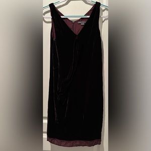 Vince. Sleeveless Silk Velvet V-neck Mini Slip Dress in Burgundy w Ruffle Hem